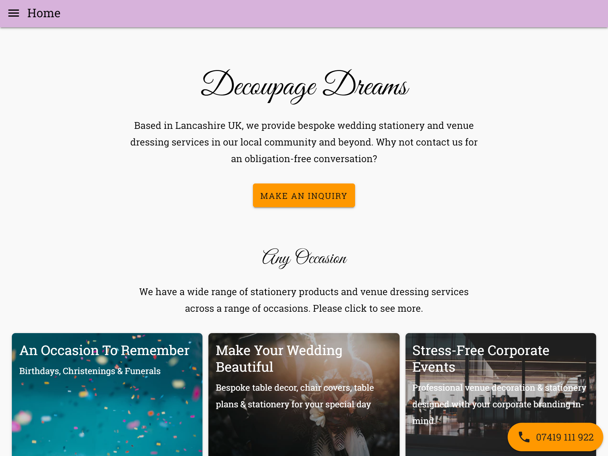 Screenshot of Decoupage Dreams's new home page I built.