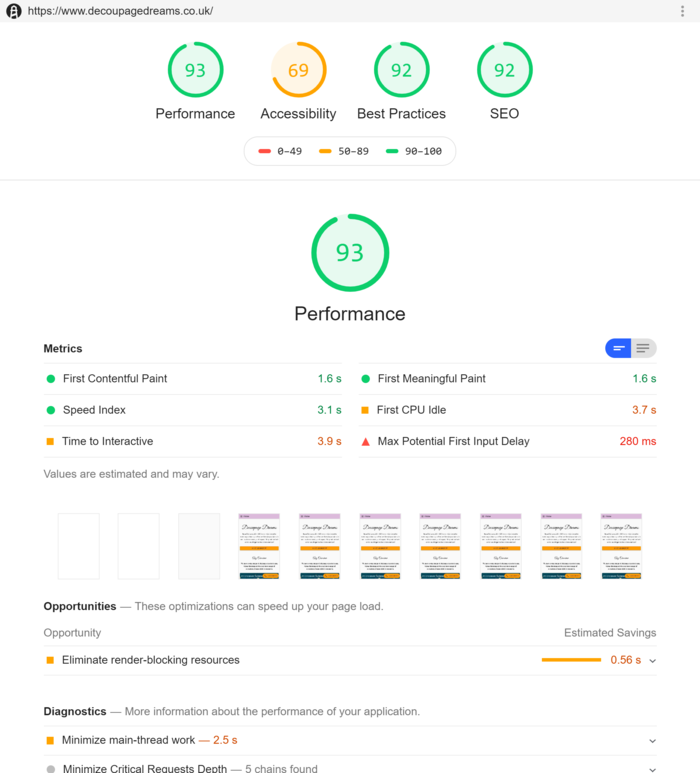 Screenshot of Lighthouse analysis of the page I built.